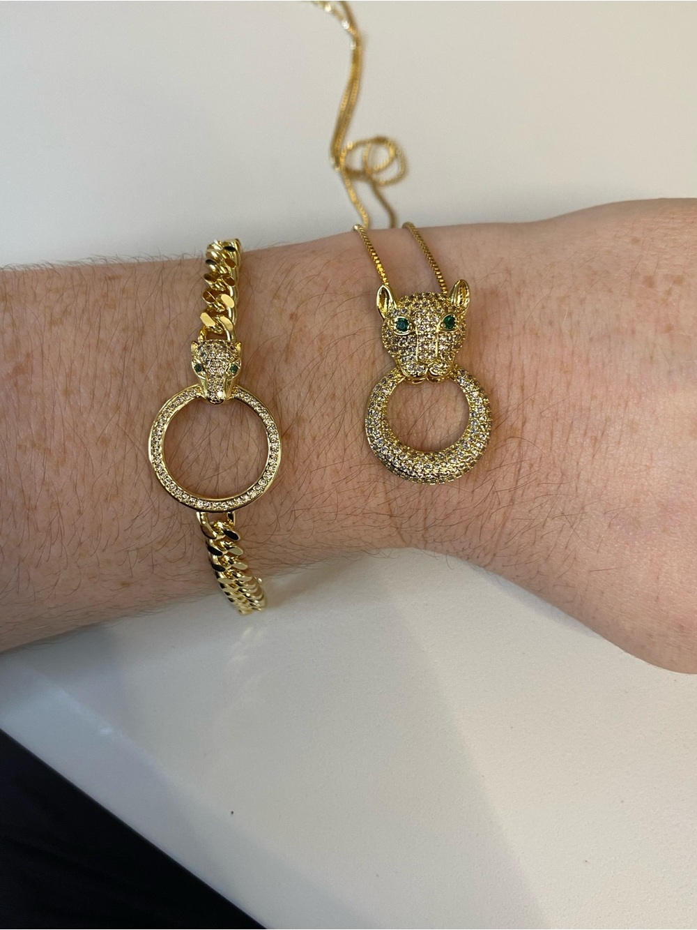 Gold Tone Panther Ring Pendant Necklace and Bracelet Set